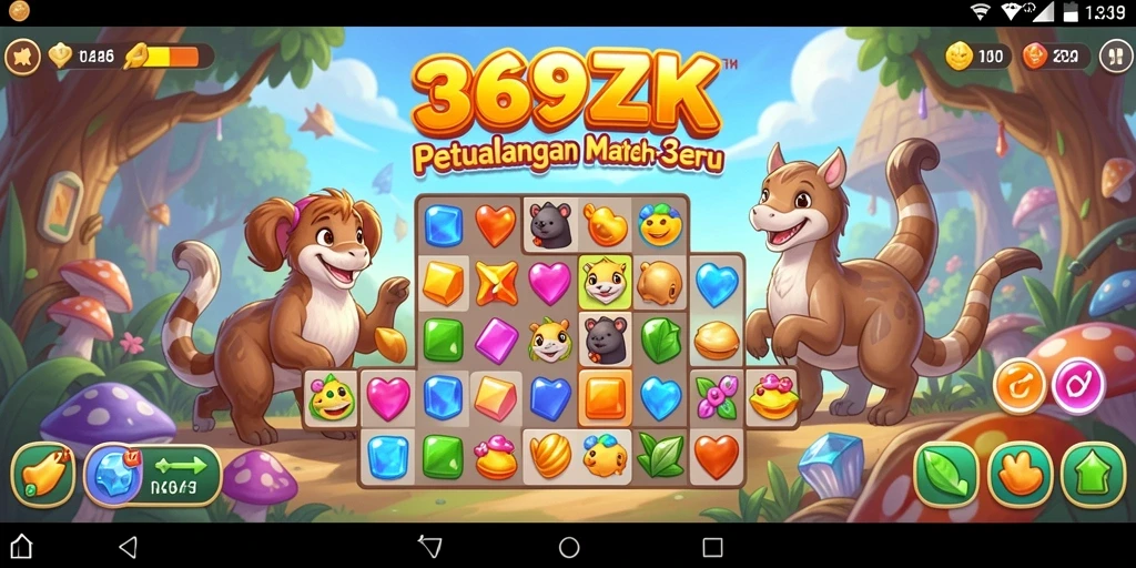 Screenshot gameplay 369ZK menampilkan kombinasi permata berwarna yang ceria.