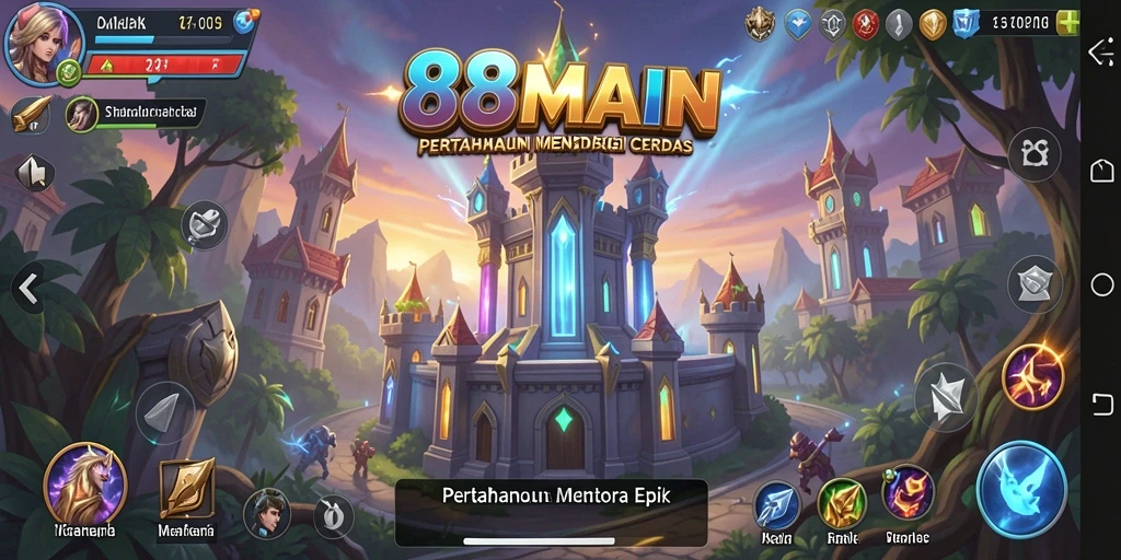Screenshot gameplay menunjukkan menara menghadapi gelombang musuh dalam 88MAIN.