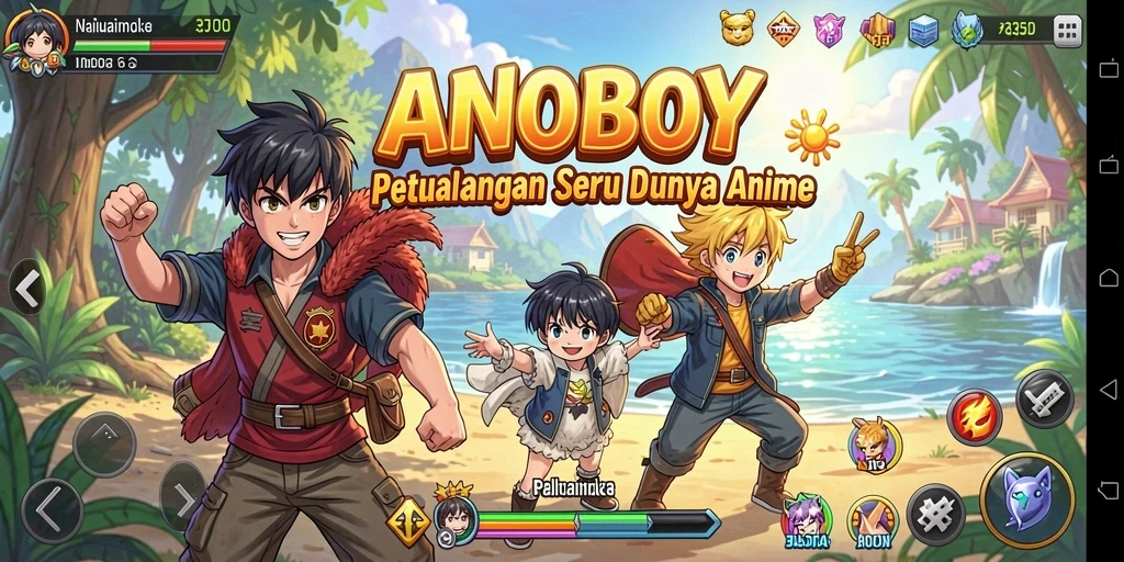Tampilan gameplay <strong>ANOBOY</strong> yang penuh warna dan karakter menarik.