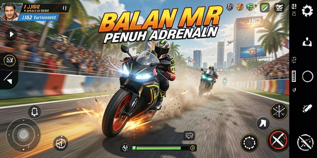 Tampilan gameplay menegangkan dalam JJ62 dengan motor balap yang cepat.