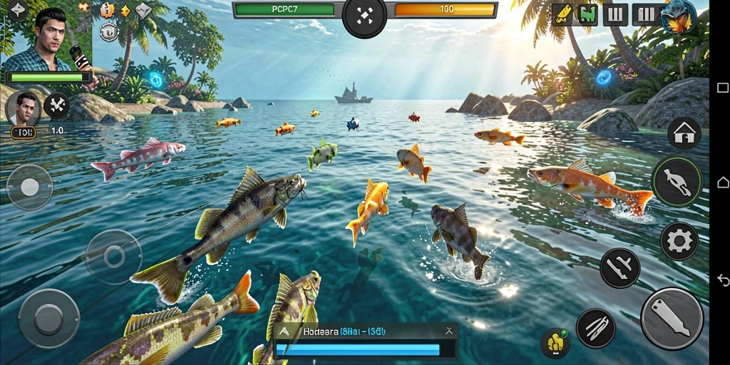 Tampilan gameplay seru dalam PCPC7 saat menangkap ikan.